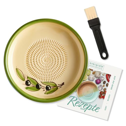 evergrate Keramikreibe Dipschale im Motiv Olivia mit Küchenpinsel und Rezeptheft von evergrate