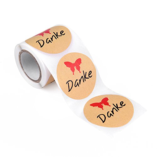 ewtshop® DANKE Kraftpapier-Stickerset in praktischer Spenderbox: 100 Stück Etiketten "Danke", Durchmesser je ca 4 cm von ewtshop