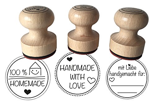 ewtshop® Stempel 3er Set Mit Liebe handgemacht, 100% Homemade und Handmade with Love, 3 cm Durchmesser, Holzstempel von ewtshop