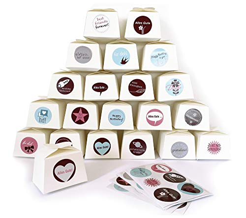 ewtshop® 24 kleine weiße Geschenkboxen + 24 süße Aufkleber, zum Selbstgestalten oder Befüllen, für Pralinen, Bonbons, Seifen, Giveaways, Hochzeiten oder andere Feste von ewtshop