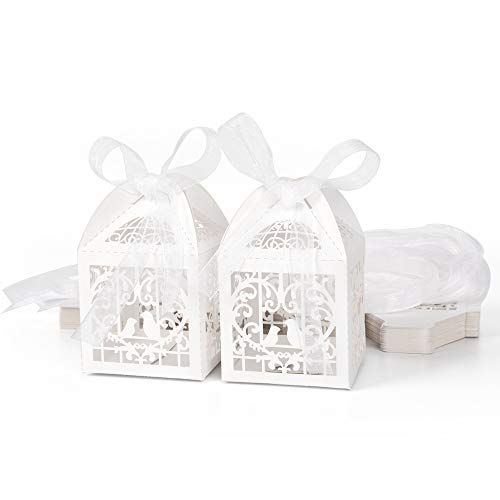 ewtshop® 50 x Geschenkbox, Hochzeitsgeschenkbox, Gastgeschenk, Tischdeko mit Schleifen - kleine Faltschachteln in weiß, 5 x 5 x 5 cm von ewtshop