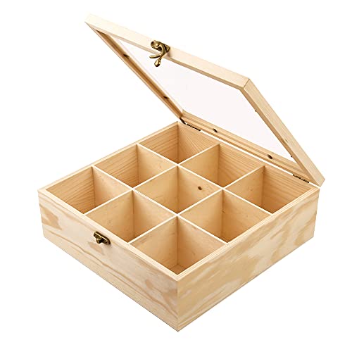 ewtshop® Sortierbox aus Holz, Aufbewahrungsbox mit 9 Fächern mit je 7,5x7,5x7 cm, Naturholzbox in der Größe 25x25x8,7cm von ewtshop