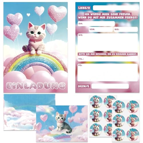 exatta Set 12 Glitzer Einladungskarten Kindergeburtstag Mädchen,Party Katze Glitzer Einladungskarten mit Umschläge und Aufkleber, für Mädchen von exatta