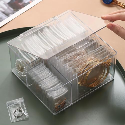4-in-1 Schmuck-Organizer und Aufbewahrung, transparente Acryl-Schmuckschatulle mit 70 anlaufgeschützten Schmuckbeuteln, Schmucketui für Armband, Halskette, Ohrringe (1, transparente Schmuckschatulle von excvalues
