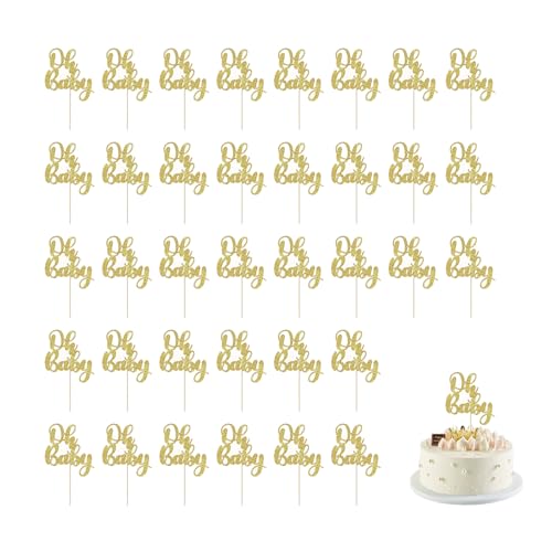 36 Stück fKiZanthene Babyparty-Kuchenaufsätze, goldene Kuchendekoration "Oh Baby!", Premium-Kindergeburtstagsparty-Dekorationen, Unisex, für Jungen und Mädchen, Cupcake-Topper für Geburtstage und von fKiZanthene