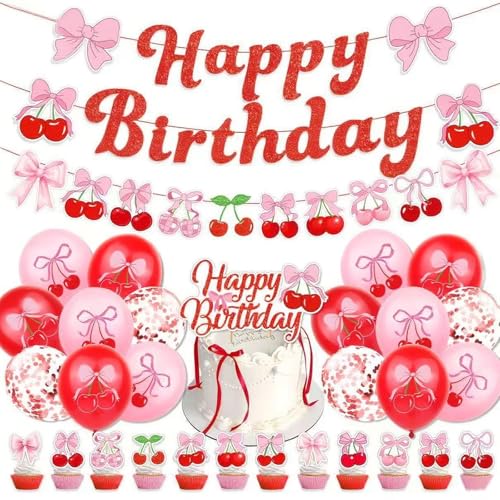 fKiZanthene Cherry Geburtstag Dekorationen Set, mit 3 vorbespannten Beerenbannern, 13 Bogen-Kuchenaufsätzen, 16 Luftballons für Partys fKiZanthene Cherry Geburtstag Dekorationen Set, mit 3 vorbespannten Beerenbannern, 13 Bogen-Kuchenaufsätzen, 16 Luftballons für Partys von fKiZanthene