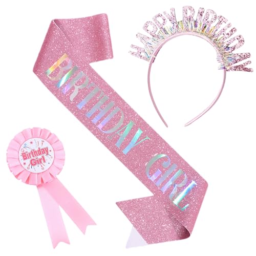 fKiZanthene Geburtstag Mädchen Set, Rosa Happy Birthday Stirnband mit Schärpe & Abzeichen, 3 Stück Party Zubehör Kit für Mädchen Frauen von fKiZanthene