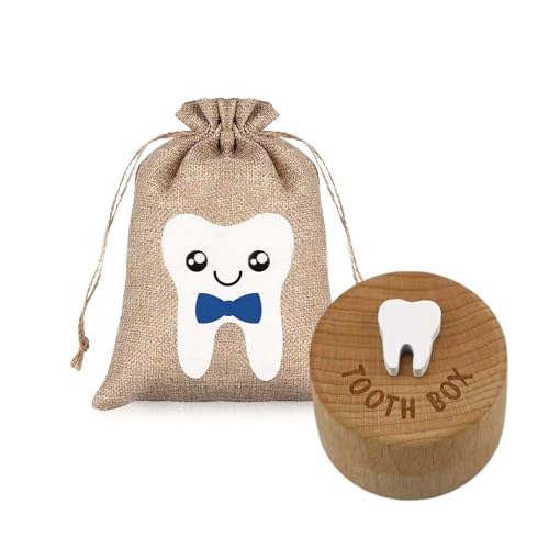 fKiZanthene Zahnfee Box aus Holz, 3D geschnitzte Zahnbox aus Holz & Zahnfee Tasche Set, Andenken Zahnhalter für Kinder, dekorative Tasche für Mädchen, ideales Zahnaufbewahrungsgeschenk von fKiZanthene