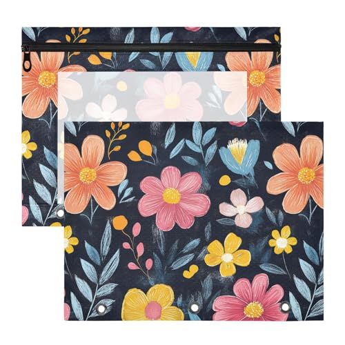 Binder-Bleistiftetui, 3 Löcher, 3 Locher für 3 Ringe, 2 Stück, Lehrer, Klasse, Schönheit, buntes Blumenmuster von famyily