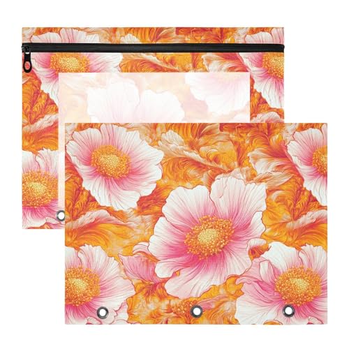 Binder-Federmäppchen mit 3 verstärkten Ösen, Kunststoff-Aktenordner für 3 Ringe, 2 Stück, Lehrer, Kunstbedarf, Aufbewahrung, rosa Blüten, goldene Blumen von famyily