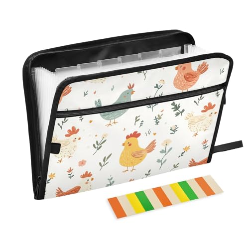 Charming Chickens and Delicate Flowers Akkordeon-Aktenordner, A4-Größe, Hängemappe, Fächermappe mit Reißverschluss, Briefablage, Dokumentenmappe für Rechnungshalter, Arbeit von famyily