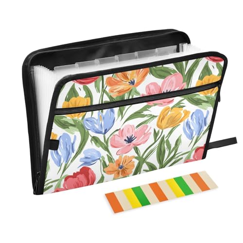 Fächermappe mit Blumen, Orchideen, Pfingstrosen, A4-Größe, mit Reißverschluss, Organizer mit Taschen, Büro-Papier-Organizer für Ingenieurbesprechungen, Weiß von famyily