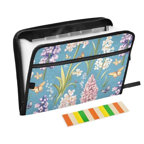 Fächermappe mit Frühlingsblumen, Schmetterlingen, Bienen, blau, erweiterbar, A4-Größe, Ordner mit Taschen mit Reißverschluss, Aktenmappe zum Aufhängen, für Beinkrankenhaus von famyily
