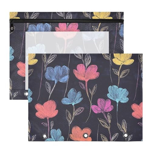 Federmäppchen, Mehrzwecktasche mit 3 Löchern, für 3 Ringe, 2 Stück, Studenten, Kunstbedarf, Aufbewahrung, Schönheit, Blumenmuster, dunkel von famyily