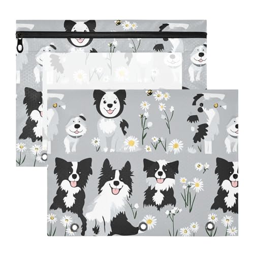 Federmäppchen, stabil, 3 Locher für 3 Ringe, Ordner, 2 Stück, Studenten, Schulbedarf, niedliche Border Collie, Hunde, Grau von famyily