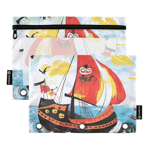 Federmäppchen aus Kunststoff, Motiv: Piratenschiff, Meer, Ringbuch, Tasche für 3 Ringe, Ordner, Etui mit Löchern für Büro, Büro, Rot Federmäppchen aus Kunststoff, Motiv: Piratenschiff, Meer, Ringbuch, Tasche für 3 Ringe, Ordner, Etui mit Löchern für Büro, Büro, Rot von famyily