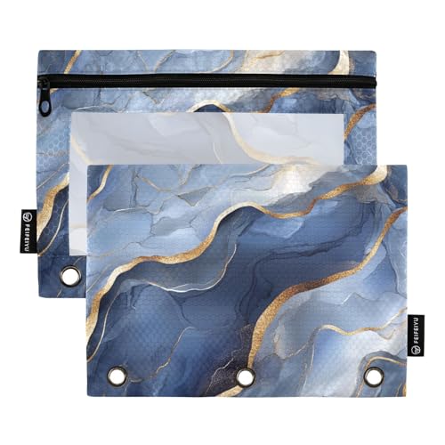 Federmäppchen mit 3 Löchern, Marmor, Silber, Marineblau, Einlagen für Ringe, Ordner, Organizer mit 3 Löchern, für Schüler-Schreibwaren von famyily