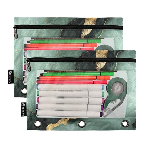 Federmäppchen mit Ringen, Marmor-Design, Salbeigrün, Schwarz, für 3-Loch-Bindertaschen mit drei Ringen für Untersuchung, Schreibwarenbedarf von famyily