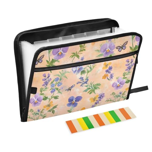 Frühlingsblumen, Stiefmütterchen, Schmetterlinge, Bienen, Pfirsich-Akkordeon-Aktenordner, A4-Größe, erweiterbare Datei mit Taschen, Kunststoff-Aktenordner mit Ordnern für Physiotherapeuten von famyily