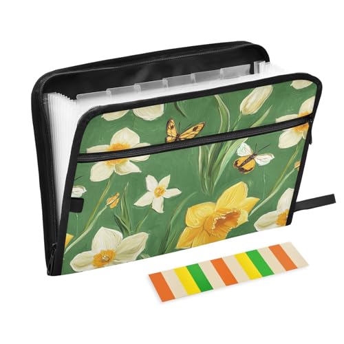 Hängemappe mit Blumen, Narzissen, Blumen, Schmetterlinge, Grün, A4-Größe, Taschen-Akkordeon-Ordner mit Reißverschluss, Erweiterungsmappe, tragbare Aktenmappe für Sozialarbeiter, Baustelle von famyily