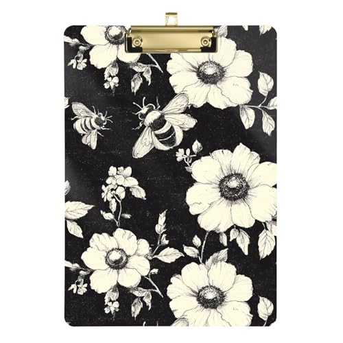 Honeybee Klemmbrett aus Kunststoff, Schwarz / Weiß, Blumenmuster, legale Größe, coole Klemmbretter für Ernährungsberater-Krankenhaus, 31,8 x 53,3 cm von famyily