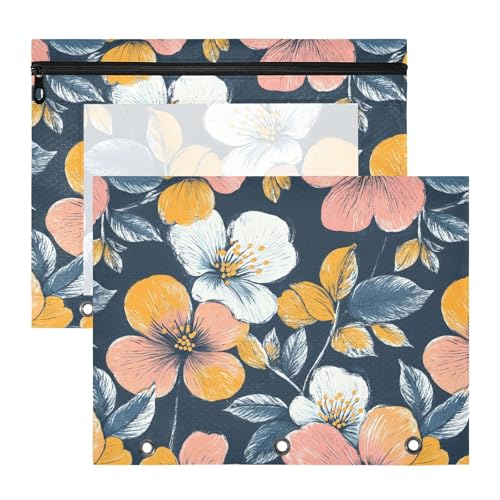 Kosmetiktasche, stabile Tasche mit 3 Löchern, für A4-Papier, Briefe, 2 Stück, Lehrer, Büro, Blumen, bunte Blüten, dunkel von famyily