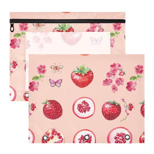 Kosmetiktasche mit 3 Löchern, 3 Löchern, Tasche für 3 Ringe, 2 Stück, für Schüler, Studenten, Lehrerbedarf, niedliche rote Johannisbeere, Frucht, Pfirsich von famyily