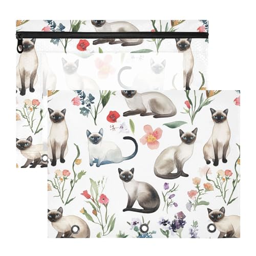 Kosmetiktasche mit glatten Reißverschlüssen, 3-Loch-Tasche für 3-Ringe, 2 Stück, Lehrer, Kunstbedarf, Aufbewahrung, Cartoon, siamesische Katzen, Weiß von famyily