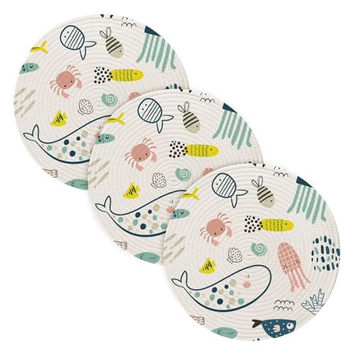 Küchenuntersetzer für heiße Töpfe und Pfannen, 38,1 cm, Baumwollgarn, Topflappen, Set für Töpfe, Camper, Must-Haves, bunte Cartoon-Meerestiere, 3 Stück Küchenuntersetzer für heiße Töpfe und Pfannen, 38,1 cm, Baumwollgarn, Topflappen, Set für Töpfe, Camper, Must-Haves, bunte Cartoon-Meerestiere, 3 Stück von famyily
