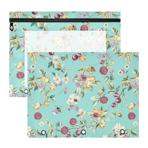 Ordnertaschen, transparent, 3 Löcher, Tasche für 3 Ringe, 2 Stück, für Lehrer, Schule, Studenten, Lehrerbedarf, süße Früchte, Türkis von famyily