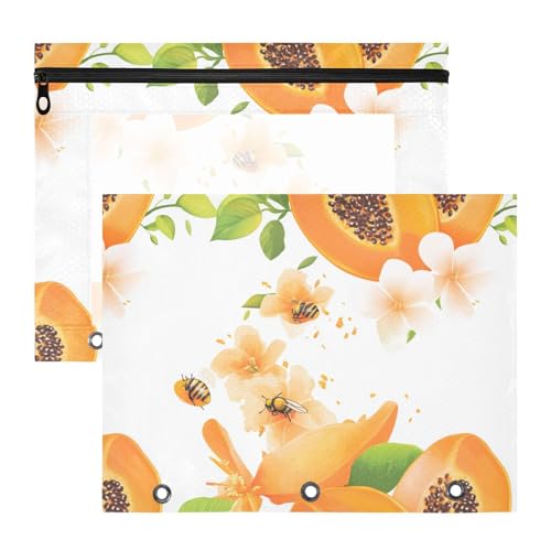 Ordnertaschen mit glatten Reißverschlüssen, Kunststoff-Aktenordner für 3-Ringe, 2 Stück, Studenten, Schulbedarf, süße Pawpaw-Frucht-Weiß, 2 Stück von famyily