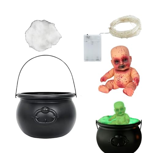 Halloween- mit Lichtern, schwarzer mit LED-Lichtern, Hexenkessel Nebelmacher, stabile Konstruktion, gruselige Requisiten für Eingangstisch, Halloween-Party, TV-Schrank, Kamin von fanelod