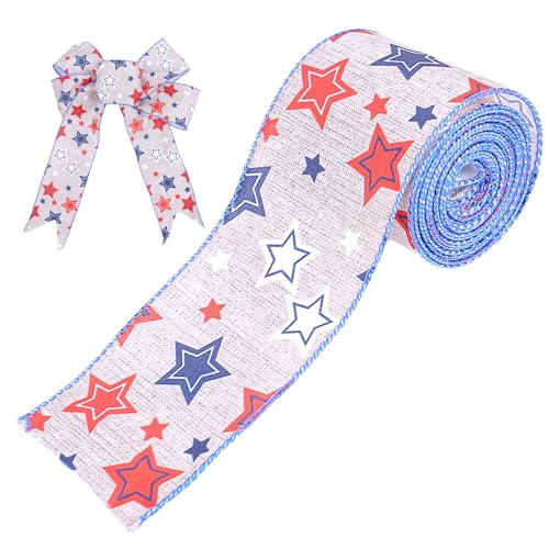 Patriotics Drahtbänder mit Sternen, Jutebänder, 50 m, Patriotik-Bänder für Kranz, 4. Juli, Geschenkbänder zum 4. Juli von fanlangyi