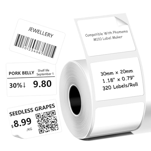 Mehrzweck-Thermo-Etiketten, kompatibel mit Phomoemo M110/M221/M220/M120/M200, 30 x 20 mm, 320 Etiketten/Rolle, 1 Rolle Mehrzweck-Thermo-Etiketten, kompatibel mit Phomoemo M110/M221/M220/M120/M200, 30 x 20 mm, 320 Etiketten/Rolle, 1 Rolle von fannster