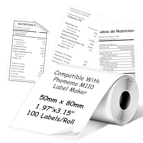 Mehrzweck-Thermo-Etiketten, kompatibel mit Phomoemo M110/M221/M220/M120/M200, 50 x 80 mm, 100 Etiketten/Rolle, Schwarz auf Weiß, 1 Rolle Mehrzweck-Thermo-Etiketten, kompatibel mit Phomoemo M110/M221/M220/M120/M200, 50 x 80 mm, 100 Etiketten/Rolle, Schwarz auf Weiß, 1 Rolle von fannster