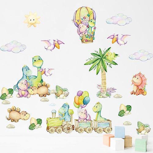 fanquare Dinosaurier auf dem Zug und Heißluftballon Wandtattoo, Bunte Cartoon Dinosaurier mit Wolke Wandaufkleber dekorative Fototapete für Wohnzimmer, Schlafzimmer, Baby-Kinderzimmer von fanquare
