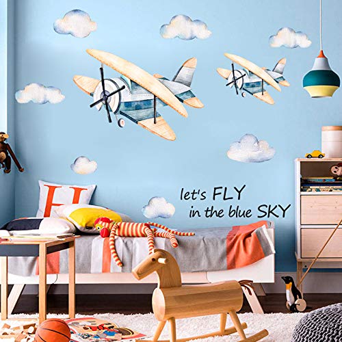 fanquare Flugzeug Fliegt in den Himmel mit Wolken Wandtattoo für Kinderzimmer, Karikatur Flugzeug Wolke Wandaufkleber Kunst Deko für Kinder Schlafzimmer Wohnzimmer von fanquare