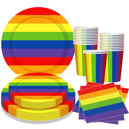 fanquare Regenbogen Partygeschirr Set 120 Stück Bunte Streifen Pappteller Papier Geschirr Enthält Pappteller Tasse Serviette und Gabeln für Pride Party Dekorationen 24 Gäste Party Supplie von fanquare