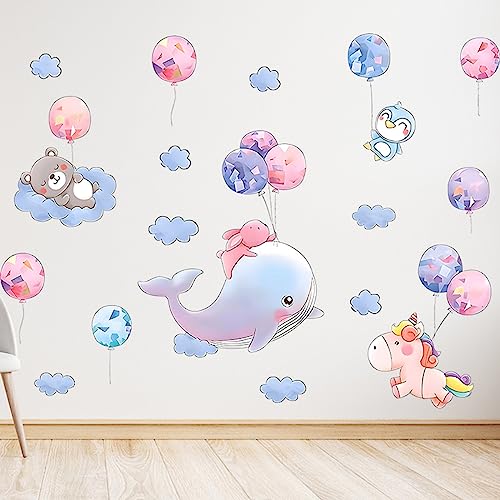 fanquare Wale am Himmel Wandtattoo, Abnehmbare Blaue Lila Ballons, Wolken und Tiere Wandaufkleber, Kunstdekoration für Schlafzimmer DIY Kinderzimmer Spielzimmer von fanquare