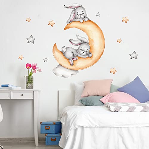 fanquare Zwei Kaninchen Schlafen auf dem Mond Wandtattoo Gelb und Gary Stern abnehmbare Vinyl Wandaufkleber für Schlafzimmer Kinderzimmer von fanquare