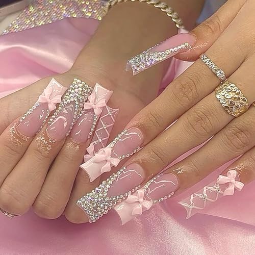 fdsmall Drücken Sie auf Nägel mit 3D Blumenbogen 24pcs Französisch lange Strass rosa gefälschte Nägel Quadrat Bling Diamant Kristall gefälschte Nägel (Rosa) von fdsmall