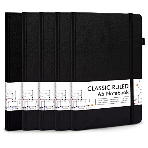 Notizbuch A5 liniert Hardcover, Feela 5 Notizbücher Set, Journal Buch mit 3 Gelstifte schwarz, 120 GSM, 13x21cm, Notizblock Set geeignet für Büro, Schule, für Kinder und Erwachsene, Din A5, Schwarz von feela