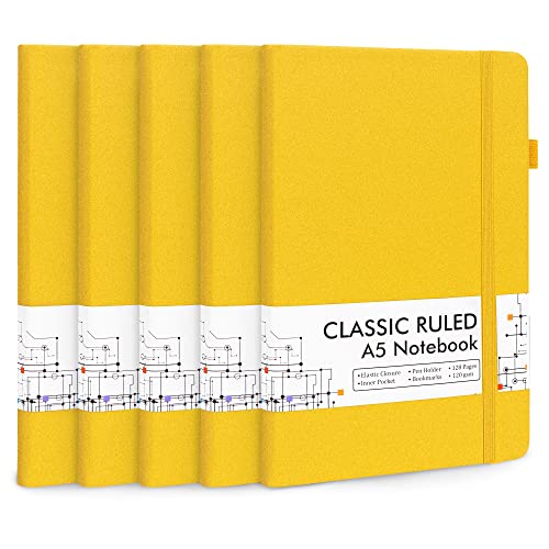 feela Notizbuch A5 liniert Hardcover, 5 Notizbücher Set, Journal Buch mit 3 Gelstifte schwarz, 120 GSM, 13x21cm, Notizblock Set geeignet für Büro, Schule, für Kinder und Erwachsene, Din A5, Gelb von feela