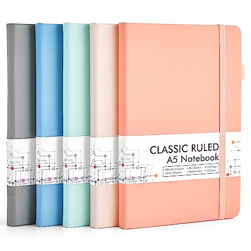 feela Notizbuch A5 liniert Hardcover, 5 buntes Notizbücher Set, Journal Buch mit 5 Gelstifte schwarz, 120 GSM, 13x21cm, Notizblock Set geeignet für Büro, Schule, für Kinder und Erwachsene, Din A5 von feela