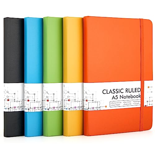 Feela Notizbuch A5 liniert Hardcover, 5 buntes Notizbücher Set, Journal Buch mit 5 Gelstifte schwarz, 120 GSM, 13x21cm, Notizblock Set geeignet für Büro, Schule, für Kinder und Erwachsene, Din A5 von feela