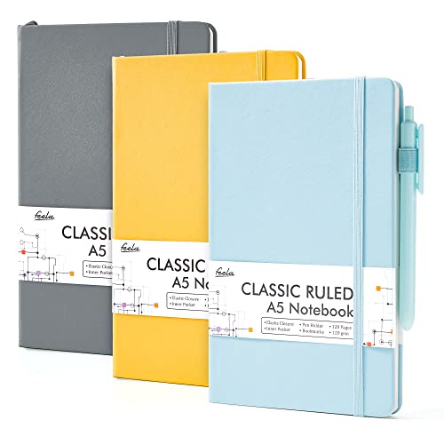 feela Notizbuch A5 liniert Hardcover, Notizbücher Set mit 3 Farben, Journal Buch mit 3 Gelstifte schwarz, 120 GSM, 13x21cm, Notizblock Set geeignet für Büro, Schule, für Kinder und Erwachsene, Din A5 von feela