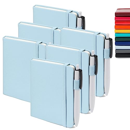 Feela Notizbuch A6, 6 Stück Notizblock klein, Journale Buch Bulk mit 6 Gelstiften schwarz, 112 Seiten, 80GSM, 9x14cm, Mini Notizbuch liniert geeignet für Büro, Schule, Notizheft mit PU Leder, hellblau von feela