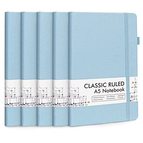 feela Notizbuch A5 liniert Hardcover, 5 Notizbücher Set, Journal Buch mit 3 Gelstifte schwarz, 120 GSM, 13x21cm, Notizblock Set geeignet für Büro, Schule, für Kinder und Erwachsene, Din A5, Hellblau von feela