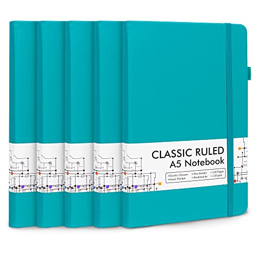feela Notizbuch A5 liniert Hardcover, 5 Notizbücher Set, Journal Buch mit 3 Gelstifte schwarz, 120 GSM, 13x21cm, Notizblock Set geeignet für Büro, Schule, für Kinder und Erwachsene, Din A5, Emerald von feela