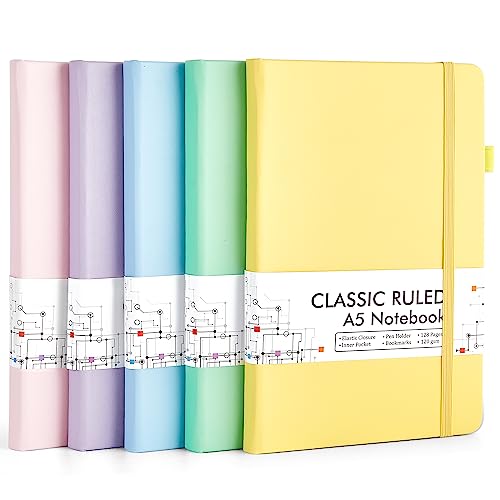 feela Notizbuch A5 liniert Hardcover, 5 buntes Notizbücher Set, Journal Buch mit 5 Gelstifte schwarz, 120 GSM, 13x21cm, Notizblock Set geeignet für Büro, Schule, für Kinder und Erwachsene, Din A5 von feela